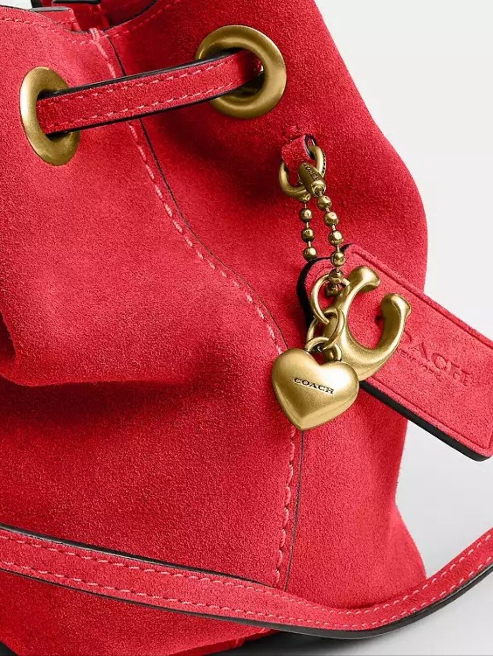 NWT! Coach Red Suede Drawstring Bucket Bag with Gold-Tone Heart Charm
